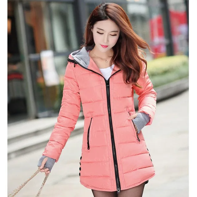 Womens Warm Hooded Winter Coat 2018, Plus Size, Candy-Color, Long, Cotton-Padded Parka Jacket, Wadded Jaqueta Feminina Style