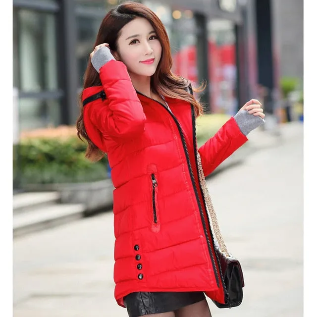 Womens Warm Hooded Winter Coat 2018, Plus Size, Candy-Color, Long, Cotton-Padded Parka Jacket, Wadded Jaqueta Feminina Style