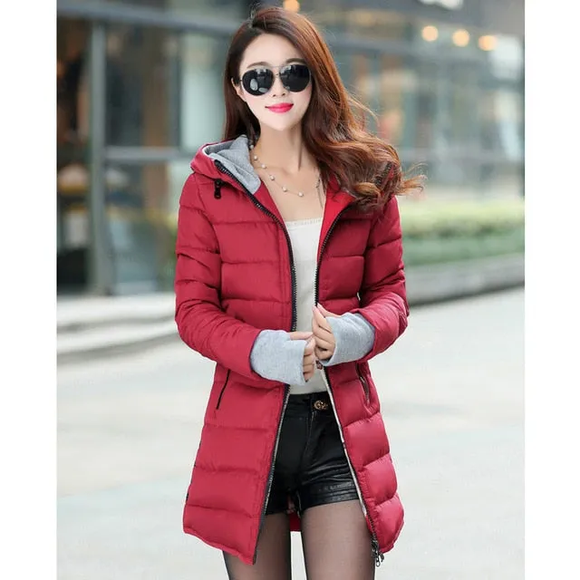 Womens Warm Hooded Winter Coat 2018, Plus Size, Candy-Color, Long, Cotton-Padded Parka Jacket, Wadded Jaqueta Feminina Style