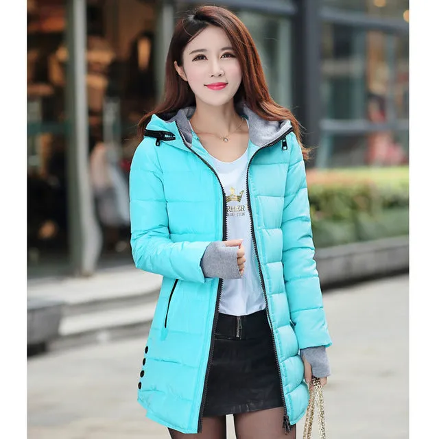 Womens Warm Hooded Winter Coat 2018, Plus Size, Candy-Color, Long, Cotton-Padded Parka Jacket, Wadded Jaqueta Feminina Style