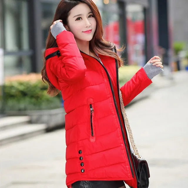 2018 women winter hooded warm coat slim plus size candy color cotton padded basic jacket female medium-long  jaqueta feminina