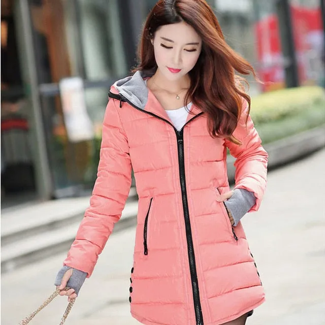 2018 women winter hooded warm coat slim plus size candy color cotton padded basic jacket female medium-long  jaqueta feminina