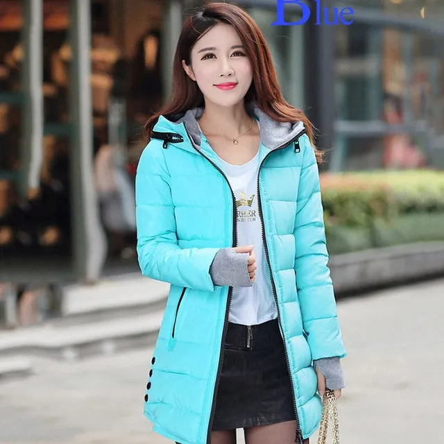 2018 women winter hooded warm coat slim plus size candy color cotton padded basic jacket female medium-long  jaqueta feminina