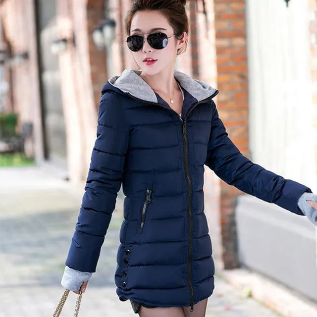 2018 women winter hooded warm coat slim plus size candy color cotton padded basic jacket female medium-long  jaqueta feminina