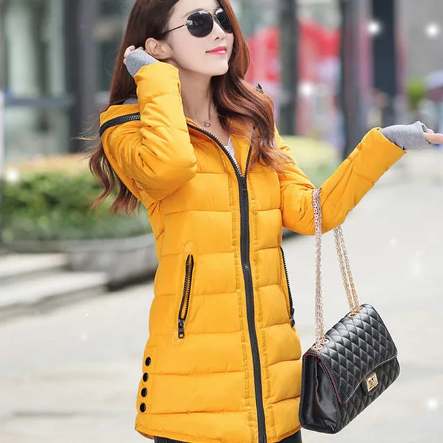 2018 women winter hooded warm coat slim plus size candy color cotton padded basic jacket female medium-long  jaqueta feminina