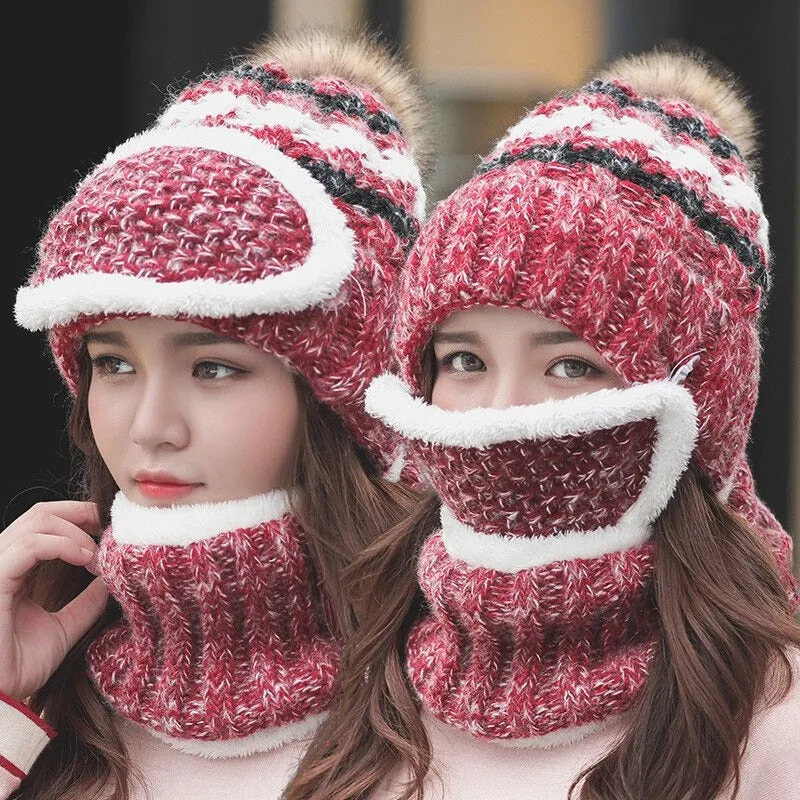 3 Pcs/set With Mask Faux Fur Pompoms Outdoor Knitted Woolen Warm Winter Cap