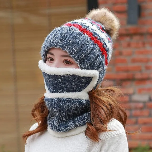 3 Pcs/set With Mask Faux Fur Pompoms Outdoor Knitted Woolen Warm Winter Cap