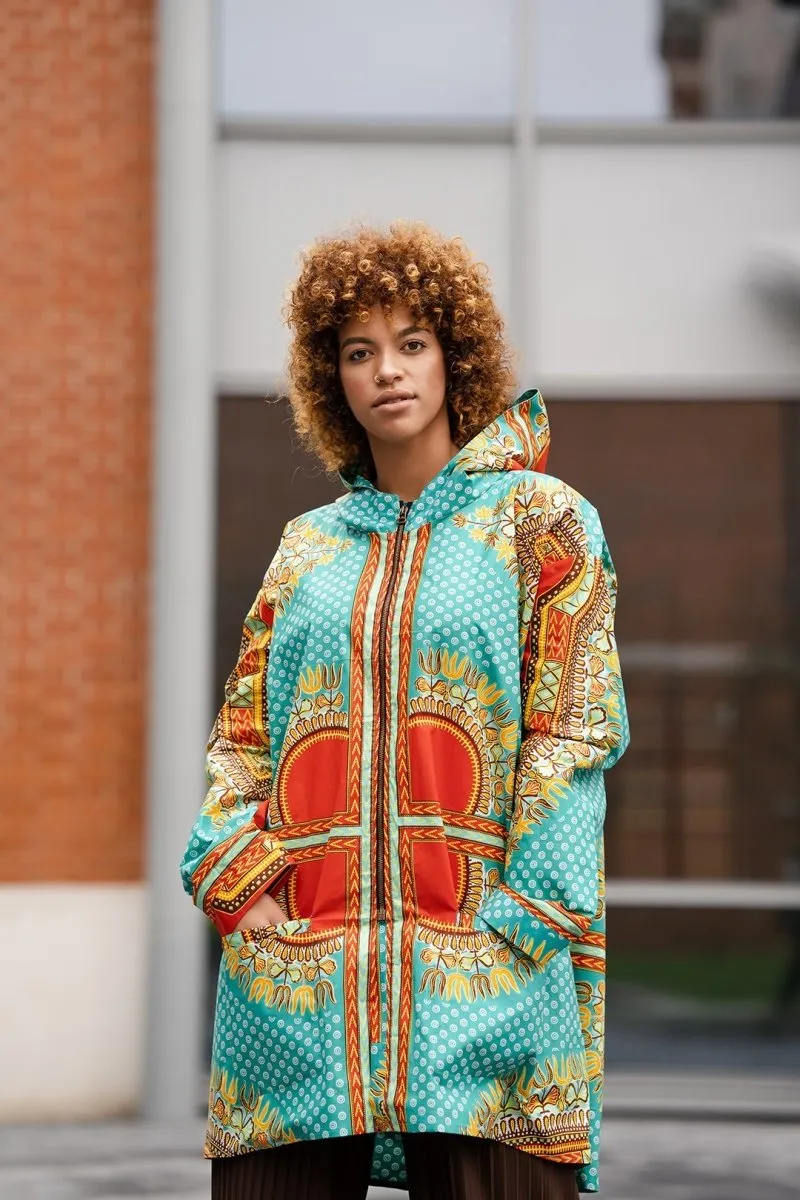 Turquoise Dashiki-Inspired African Winter Jacket with Unique Patterns