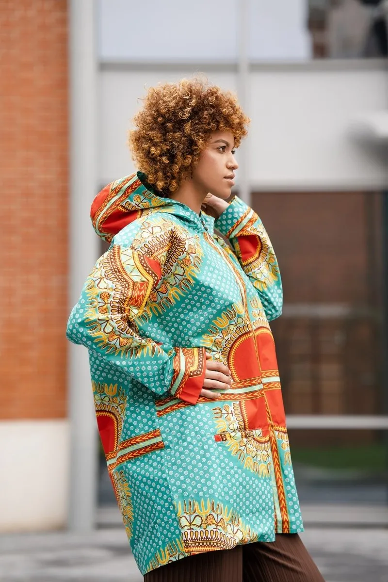 Turquoise Dashiki-Inspired African Winter Jacket with Unique Patterns