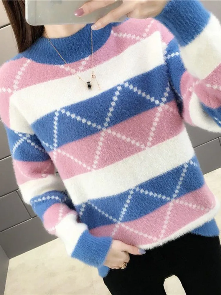 Argyle Women Pullover Sweater Winter Thick Warm Student Knitted Jumper Cute Pink Patchwork Korean Loose Ladies Coats