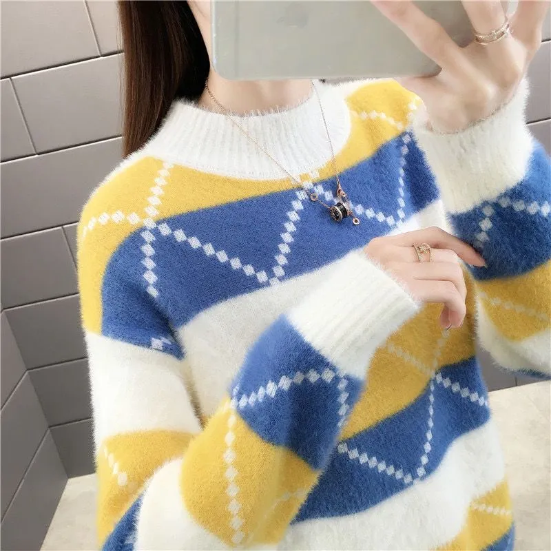 Argyle Women Pullover Sweater Winter Thick Warm Student Knitted Jumper Cute Pink Patchwork Korean Loose Ladies Coats