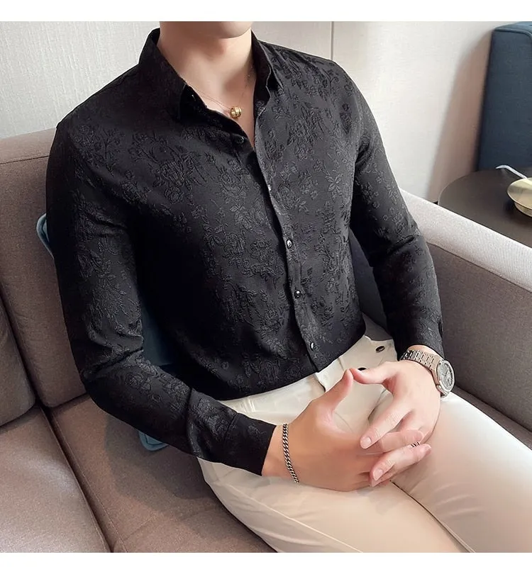 Autumn Winter Luxury Thick Warm Long Sleeve Floral Slim Casual Shirt for Men