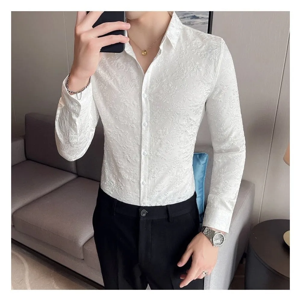 Autumn Winter Luxury Thick Warm Long Sleeve Floral Slim Casual Shirt for Men