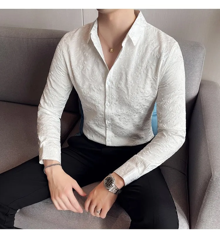 Autumn Winter Luxury Thick Warm Long Sleeve Floral Slim Casual Shirt for Men