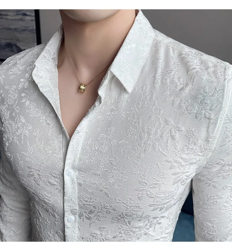 Autumn Winter Luxury Thick Warm Long Sleeve Floral Slim Casual Shirt for Men