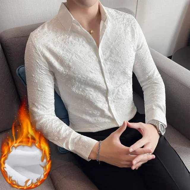 Autumn Winter Luxury Thick Warm Long Sleeve Floral Slim Casual Shirt for Men