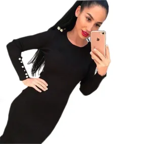 Autumn Winter Warm Knitted Solid Long Sleeve Midi Bodycon Dress for Women