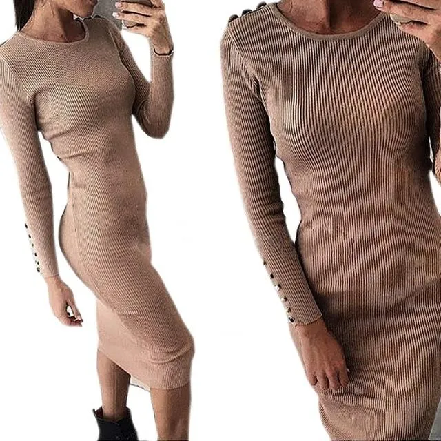 Autumn Winter Warm Knitted Solid Long Sleeve Midi Bodycon Dress for Women