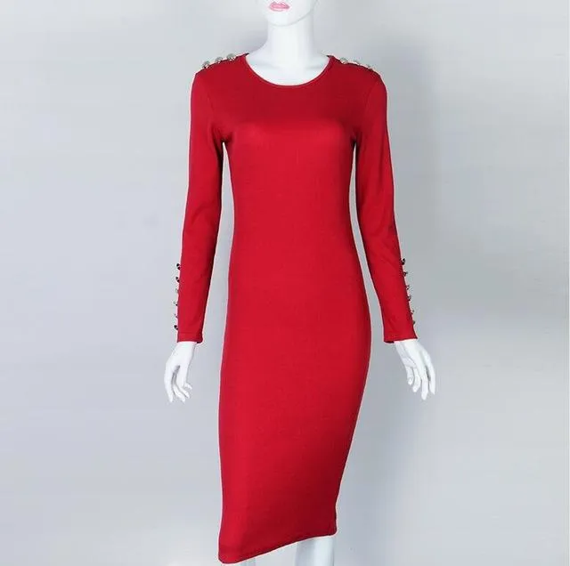 Autumn Winter Warm Knitted Solid Long Sleeve Midi Bodycon Dress for Women