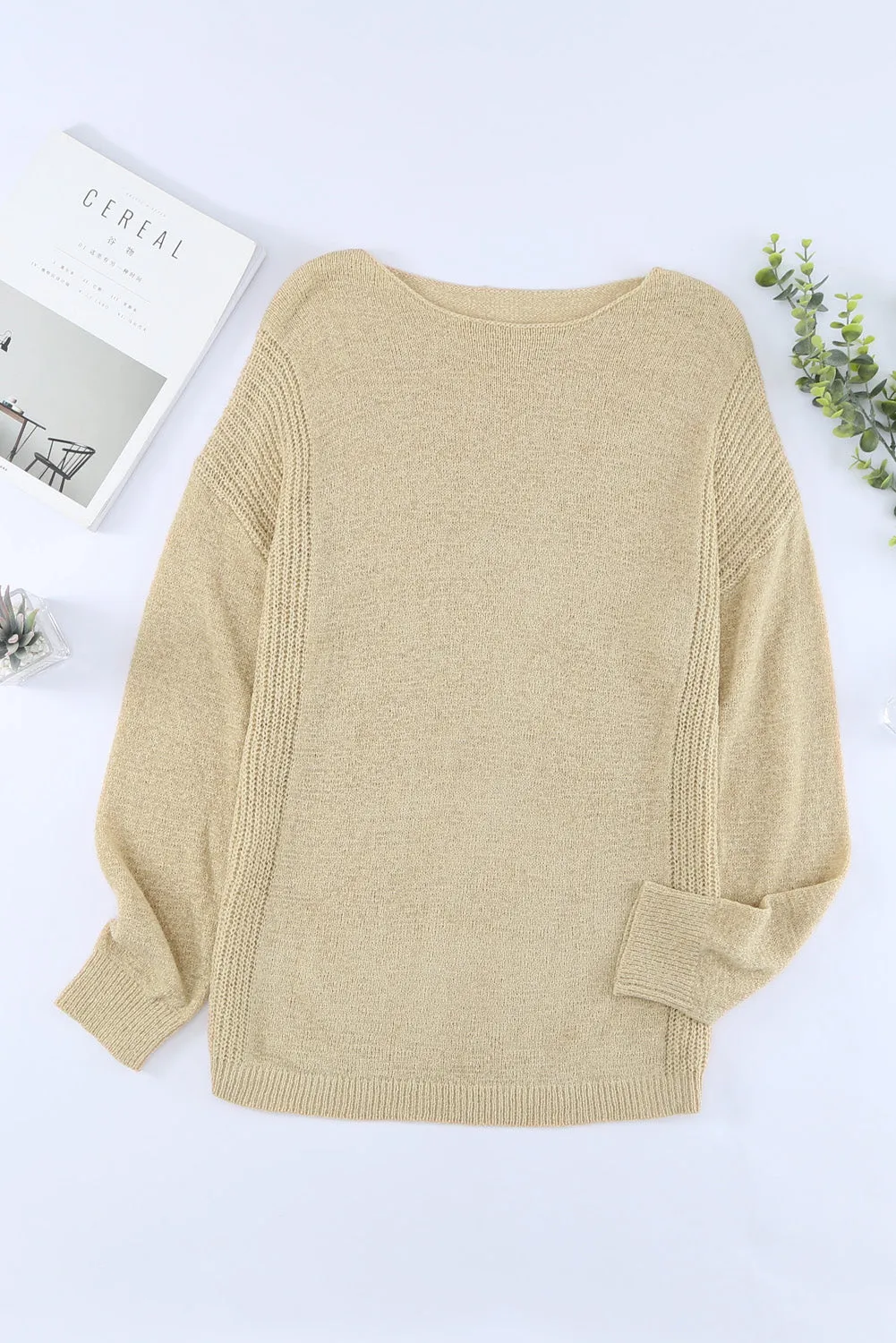 Beige Drop Shoulder Knitted Winter Sweater