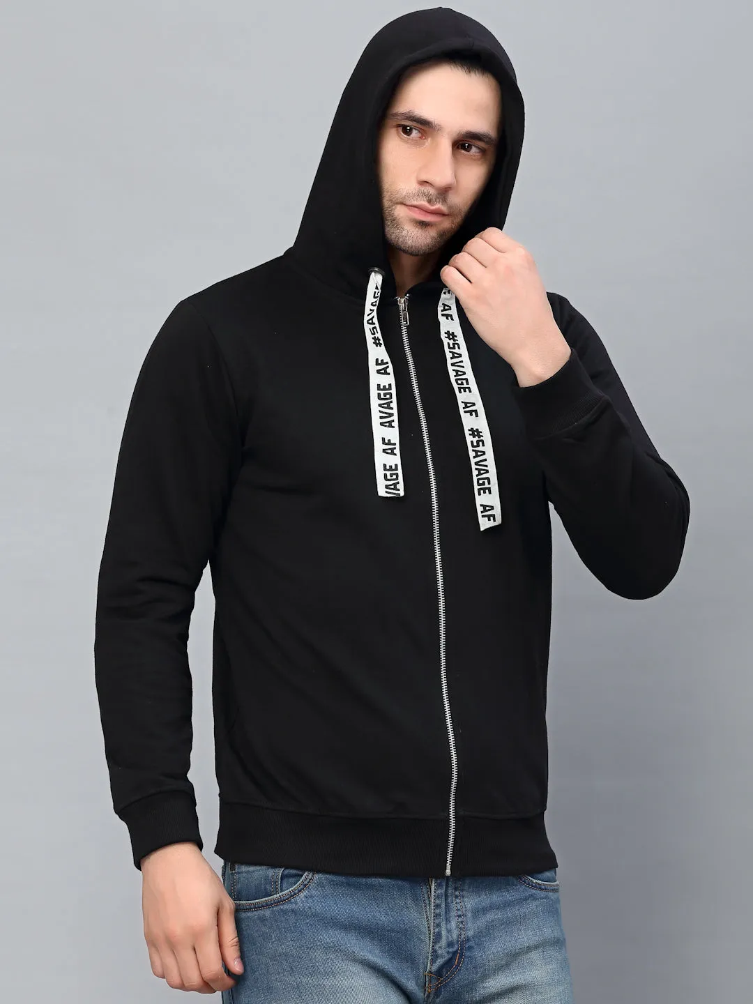 Black Printed String Fleece Jacket