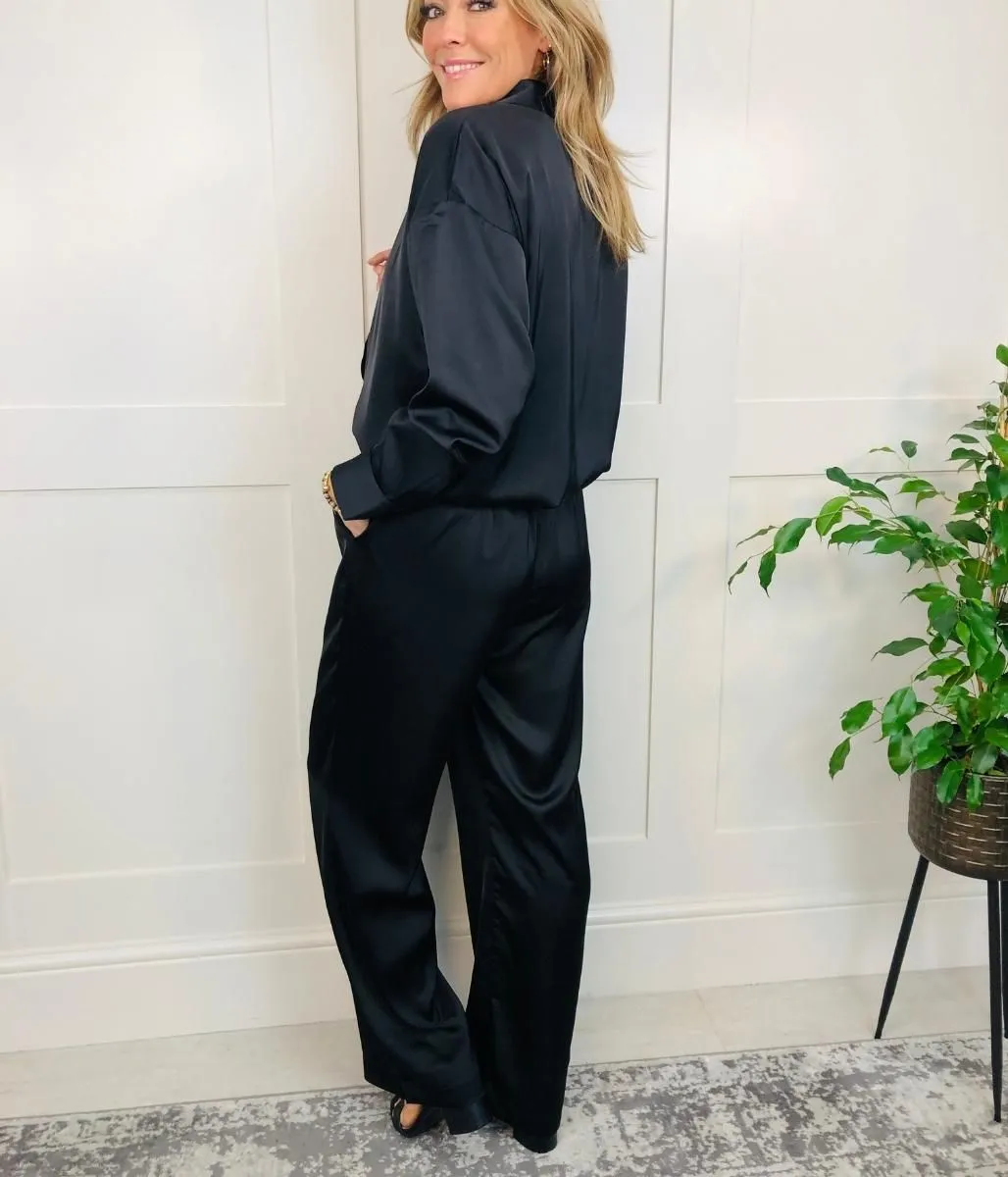 Black Rena Satin Wide Leg Trousers