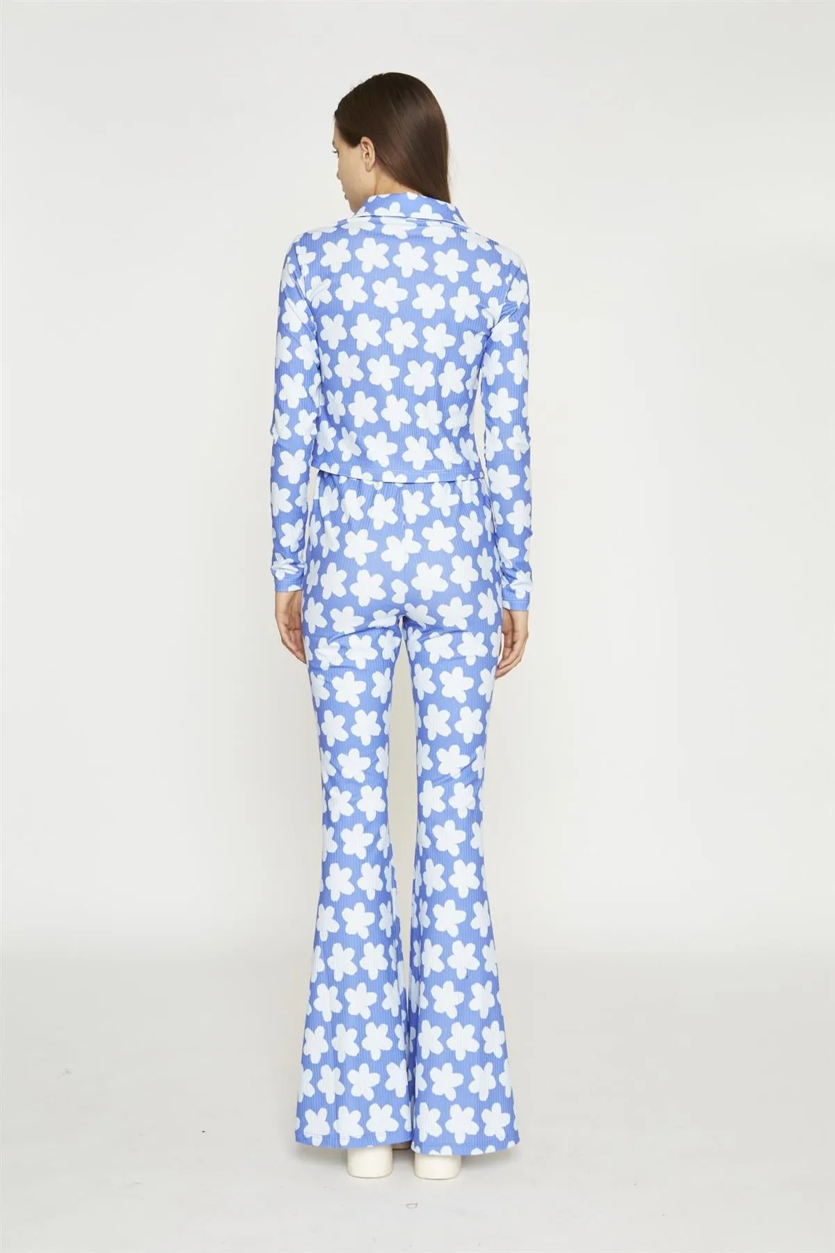 Blue-Large Flower Flared-Trousers