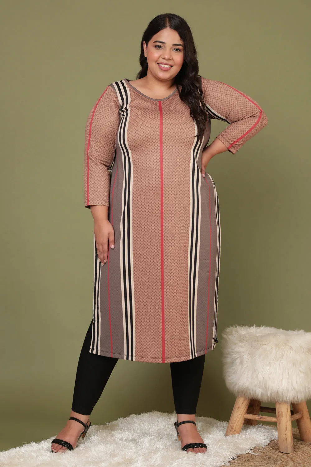 Brown Stripes Art Woolen Winter Kurti