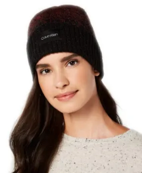 Calvin Klein Women's Logo Metallic Ombre Warm Beanie, Black / Wine