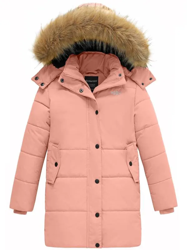 Girls Winter Coat Long Winter Jacket Parka Padded with Faux Fur Hood