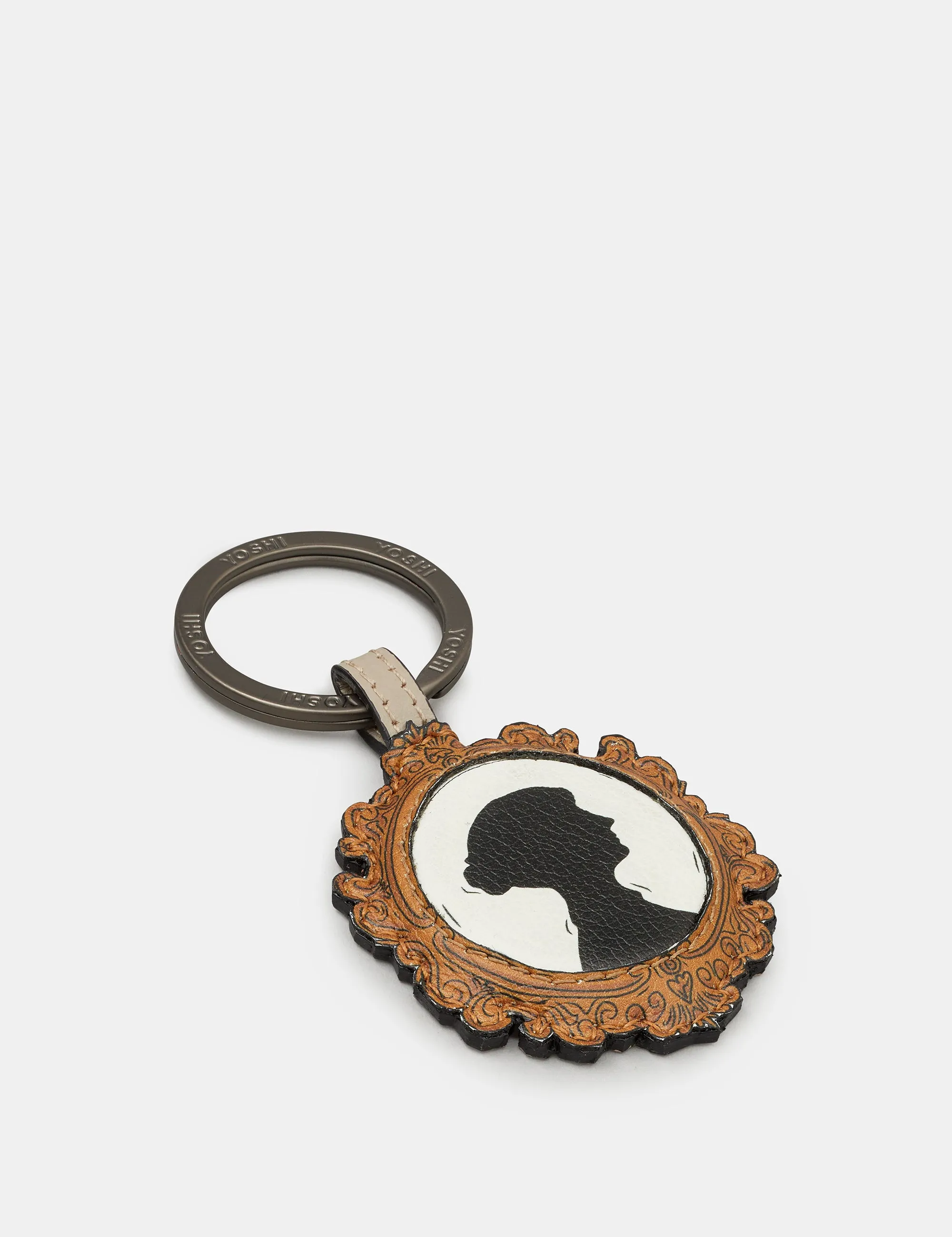 Jane Austen Bookworm Silhouette Warm Grey Leather Keyring