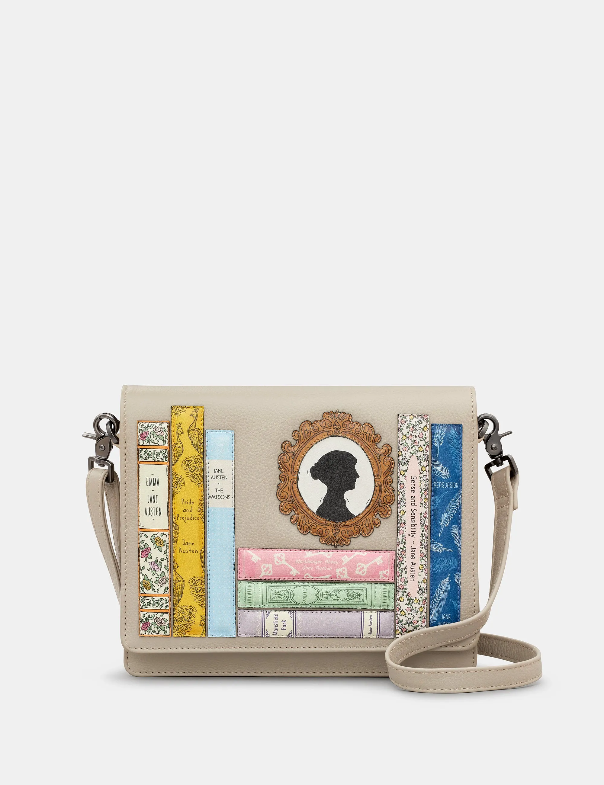 Jane Austen Bookworm Warm Grey Leather Flap Over Cross Body Bag