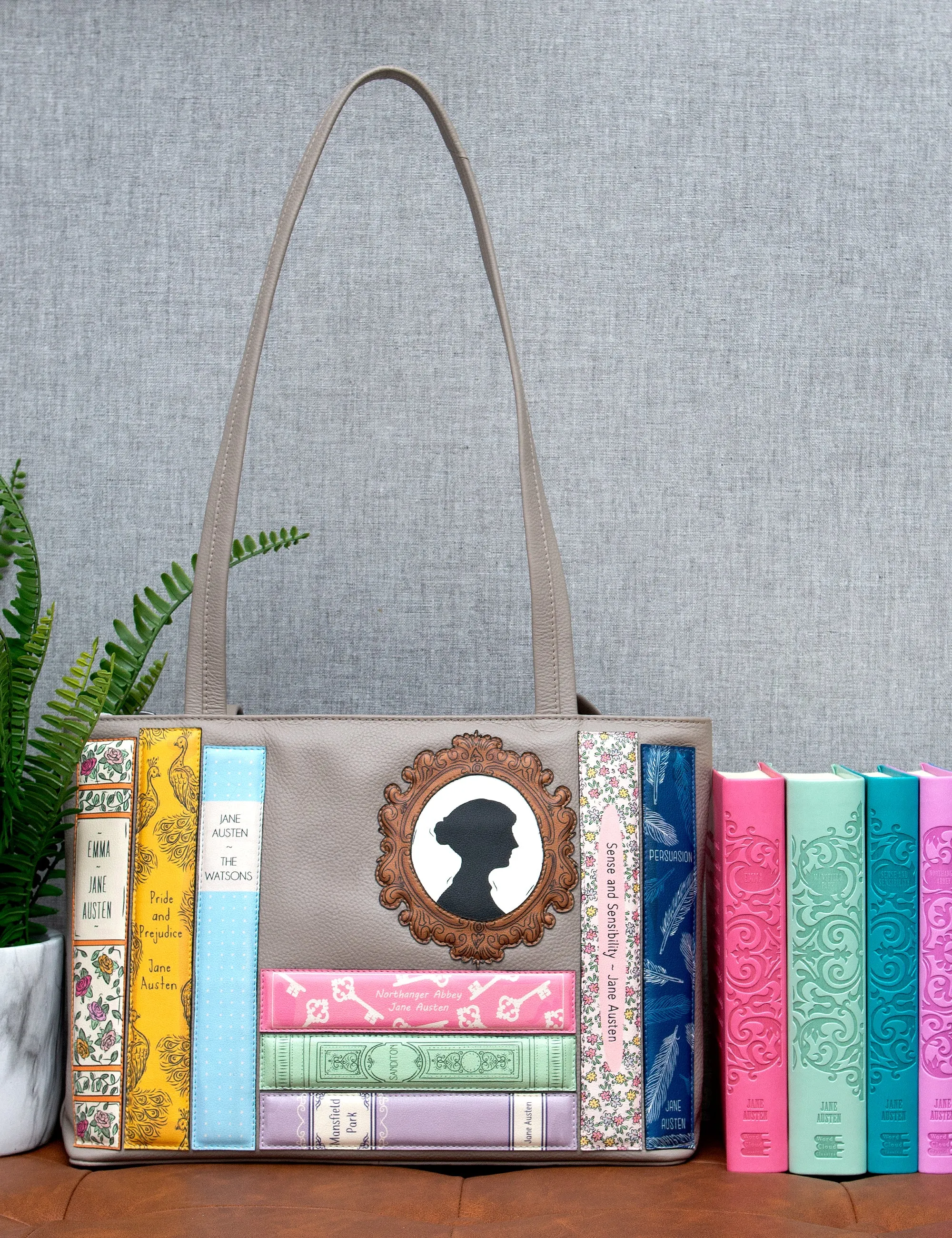 Jane Austen Bookworm Warm Grey Leather Shoulder Bag