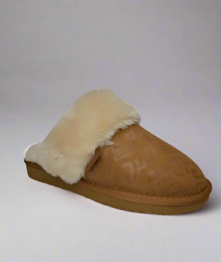 Ladies Yukon Bedroom Sliders Chestnut Print Leather Shearling Albert Warm Mules