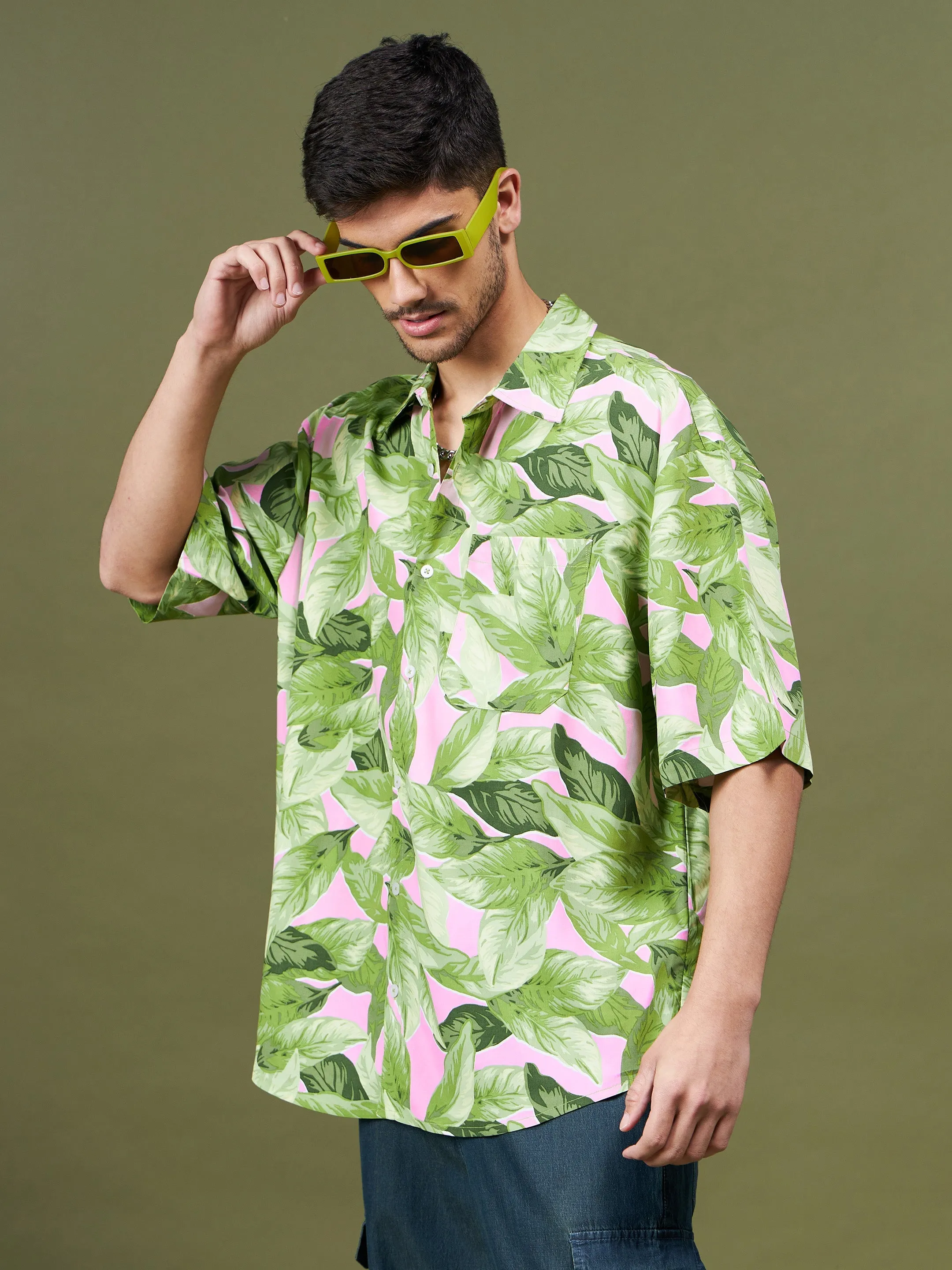 Men Green Tropical Oversized Shirt