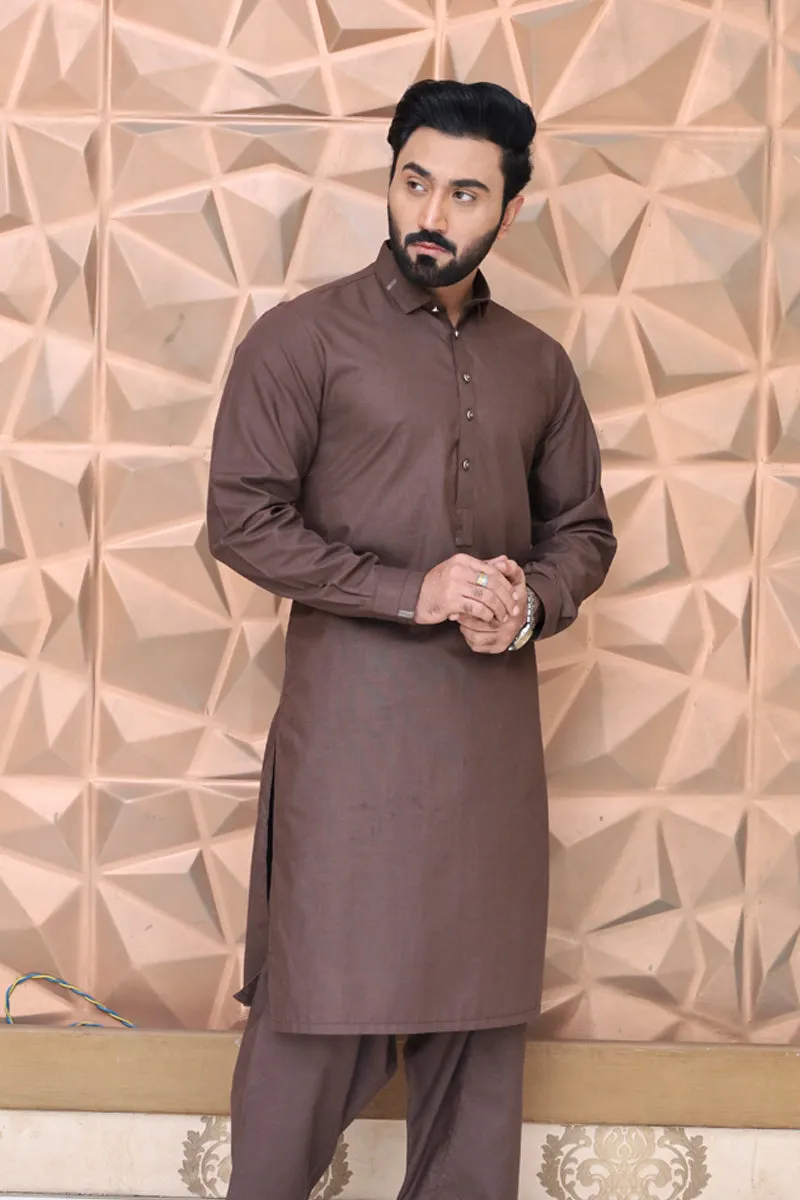 Men Textured Kameez Shalwar Brown