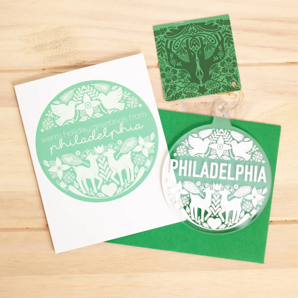 Philadelphia Christmas card, warm holiday greetings from Philadelphia, folk Christmas card from Philadelphia