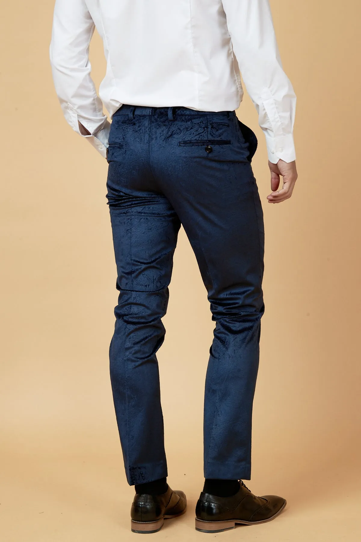 SIMON - Navy Velvet Jacquard Trousers